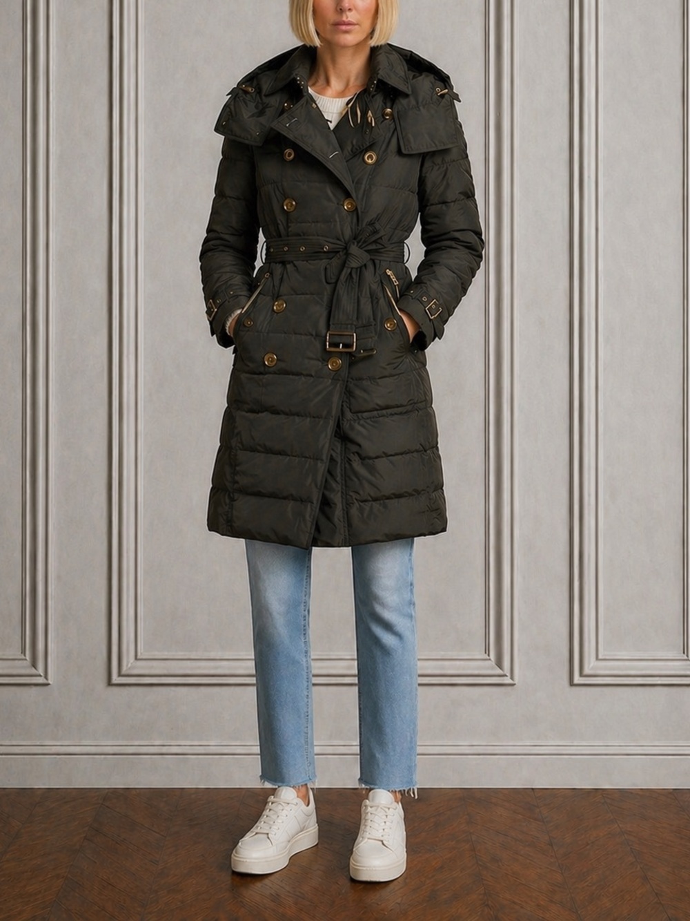 Burberry khaki detachable hood down-filled puffer coat trench xs petite …